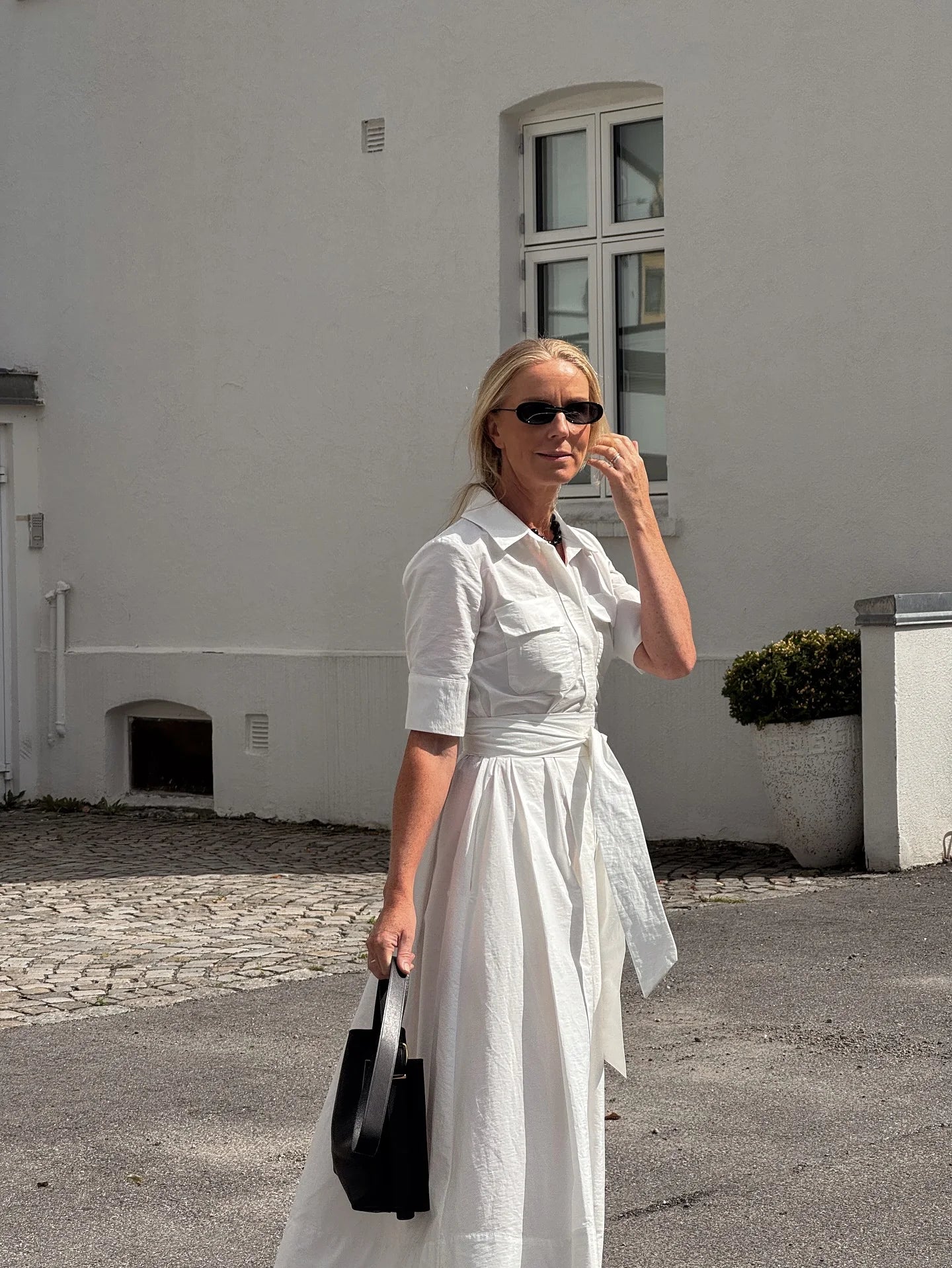 HH Women's New Fashion Temperature Slim Short Sleeve Poplin Dress Female Elegant Simple High Street Pocket Belted Long Dress