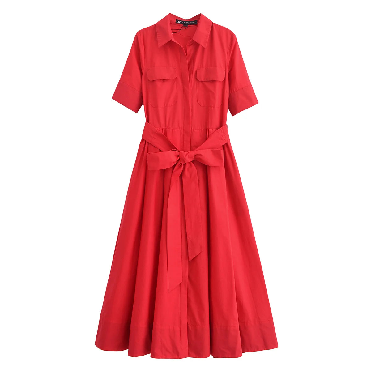 HH Women's New Fashion Temperature Slim Short Sleeve Poplin Dress Female Elegant Simple High Street Pocket Belted Long Dress
