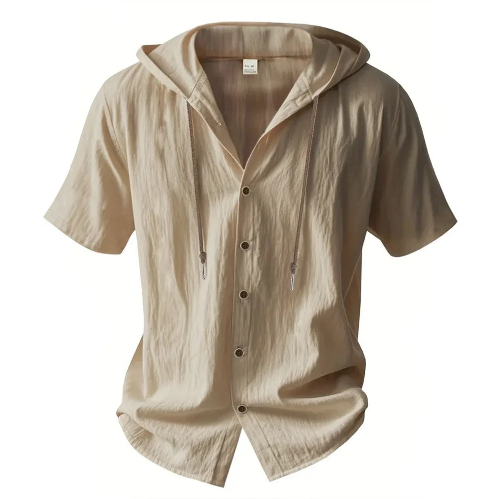Arraze com o presentao do seu gosto,camisa de Algodão e Linho com Capuz, Manga Curta e Cor Lisa – Leve, Respirável