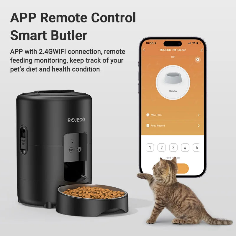 Moderno alimentador automático para animais de estimação Rojeco 2L, dispensador inteligente de ração para gatos, aplicativo Wi-Fi, controle remoto, faça sua viagem tranquilo !!!