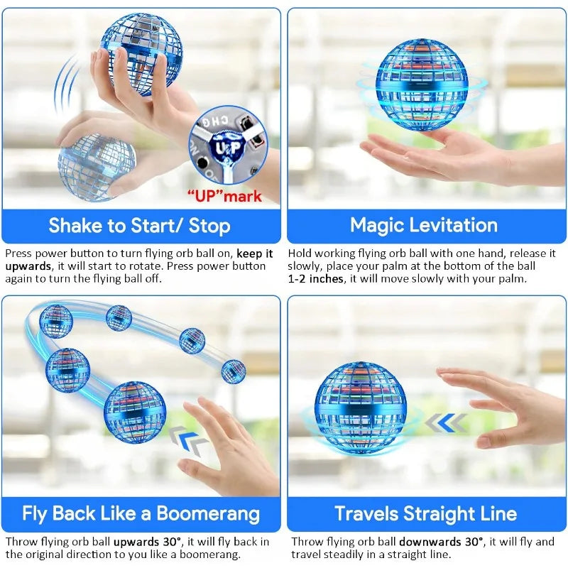 Deixe o celular e tenha um tempo de lazer com sua criança!!!! Brinquedo de bumerangue flutuante controlado por mão, bola giratória voadora em formato de esfera, drone em formato de esfera.