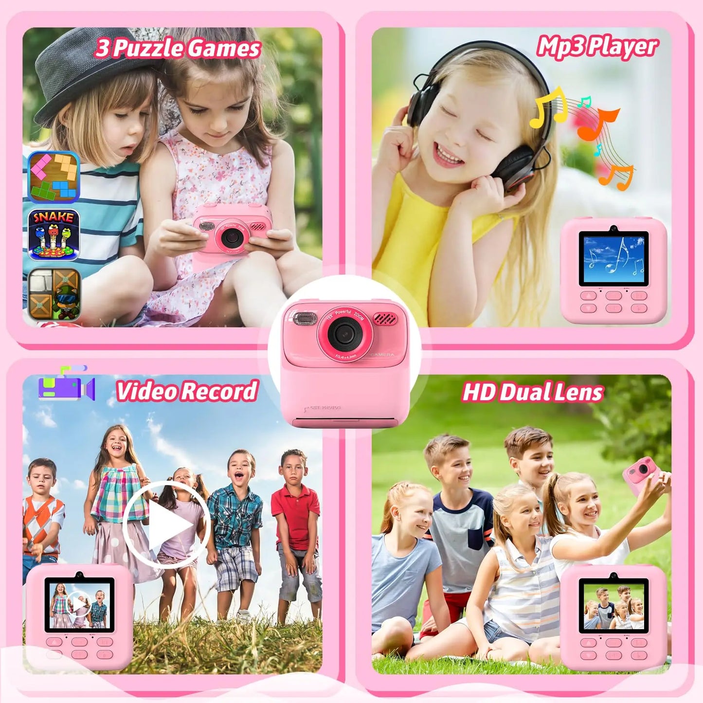 Câmera infantil AMORUS Instantânea 1080P HD Câmera digital de selfie com lente dupla para meninas e meninos  Brinquedo com impressão 32G