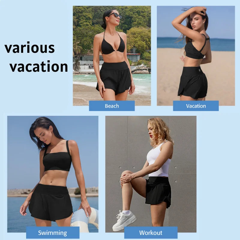 Calção de banho feminino Anfilia, fenda lateral, 2 em 1, para academia, ioga e fitness, com bolsos. Modelo tankini.