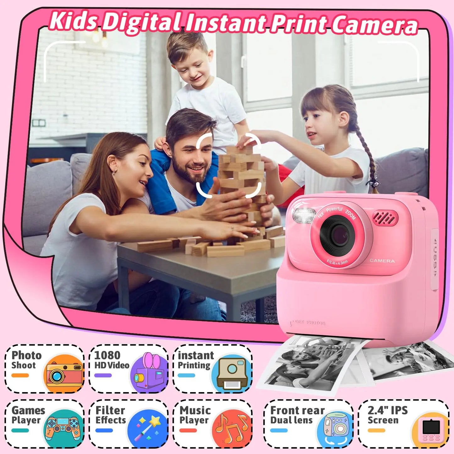 Câmera infantil AMORUS Instantânea 1080P HD Câmera digital de selfie com lente dupla para meninas e meninos  Brinquedo com impressão 32G
