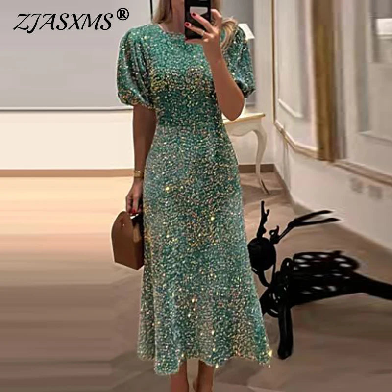ELEGANCIA E CHARME ,Novos vestidos de noite brilhantes com lantejoulas e glitter para primavera, femininos, elegantes, gola redonda, slim, longo, verão, bufante, manga curta, maxi vestido