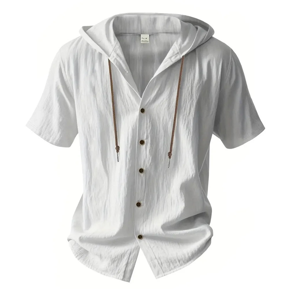 Arraze com o presentao do seu gosto,camisa de Algodão e Linho com Capuz, Manga Curta e Cor Lisa – Leve, Respirável