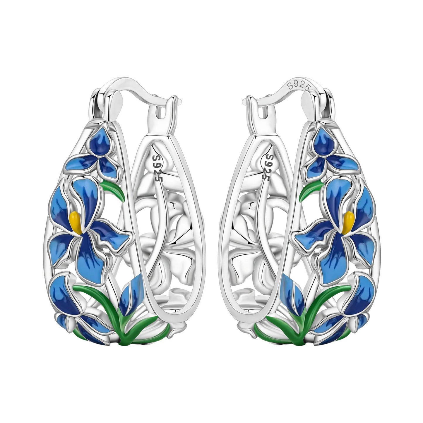brilhe ,fique radiante ,Brincos de argola Orstarry em prata de lei S925 com flor de íris azul, joias originais