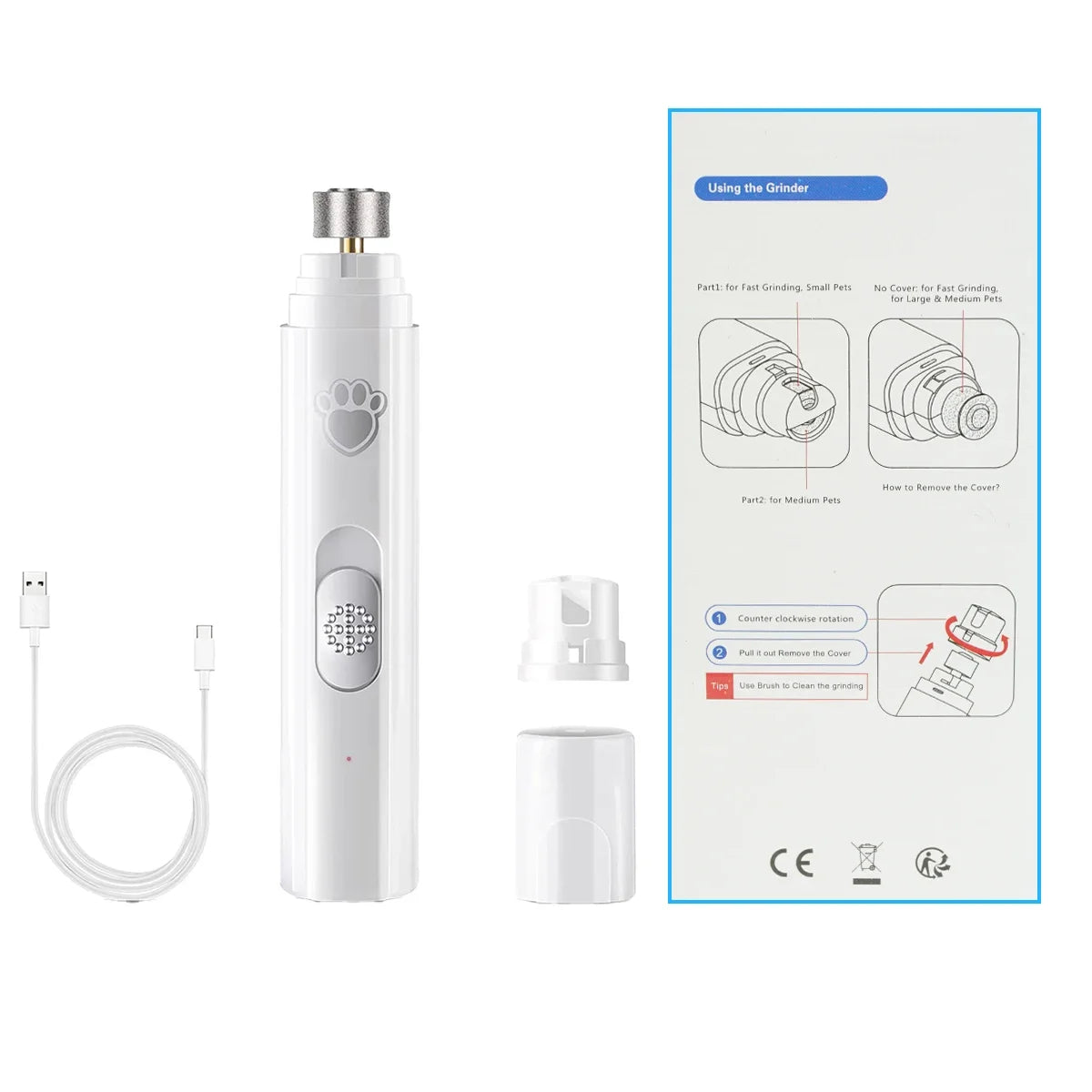 Evite que seu pet arranhe e machuque alguèm com suas unhas .Aparador de unhas elétrico para cães, recarregável via USB, indolor, com roda polidora para animais de estimação de pequeno e grande porte.