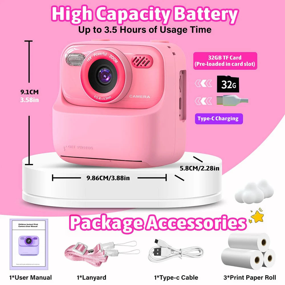 Câmera infantil AMORUS Instantânea 1080P HD Câmera digital de selfie com lente dupla para meninas e meninos  Brinquedo com impressão 32G