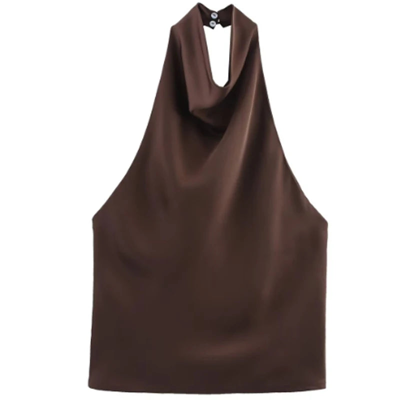 Elegância que flui com você. , HXAO  Top feminino de cetim com decote halter,regata cropped ombro a ombro, top da moda sem mangas e sem costas.