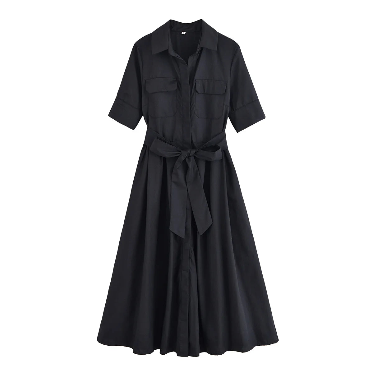 HH Women's New Fashion Temperature Slim Short Sleeve Poplin Dress Female Elegant Simple High Street Pocket Belted Long Dress