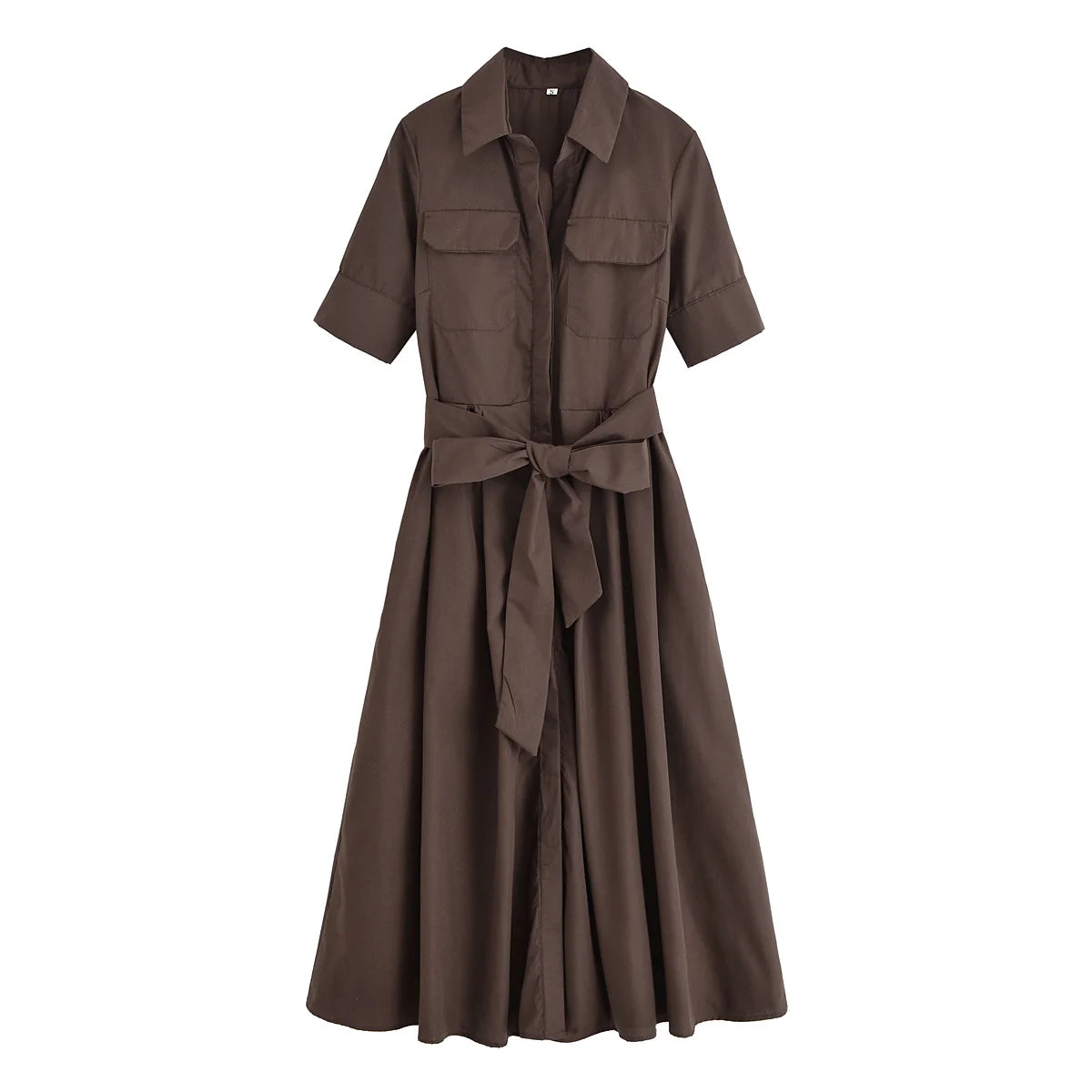 HH Women's New Fashion Temperature Slim Short Sleeve Poplin Dress Female Elegant Simple High Street Pocket Belted Long Dress