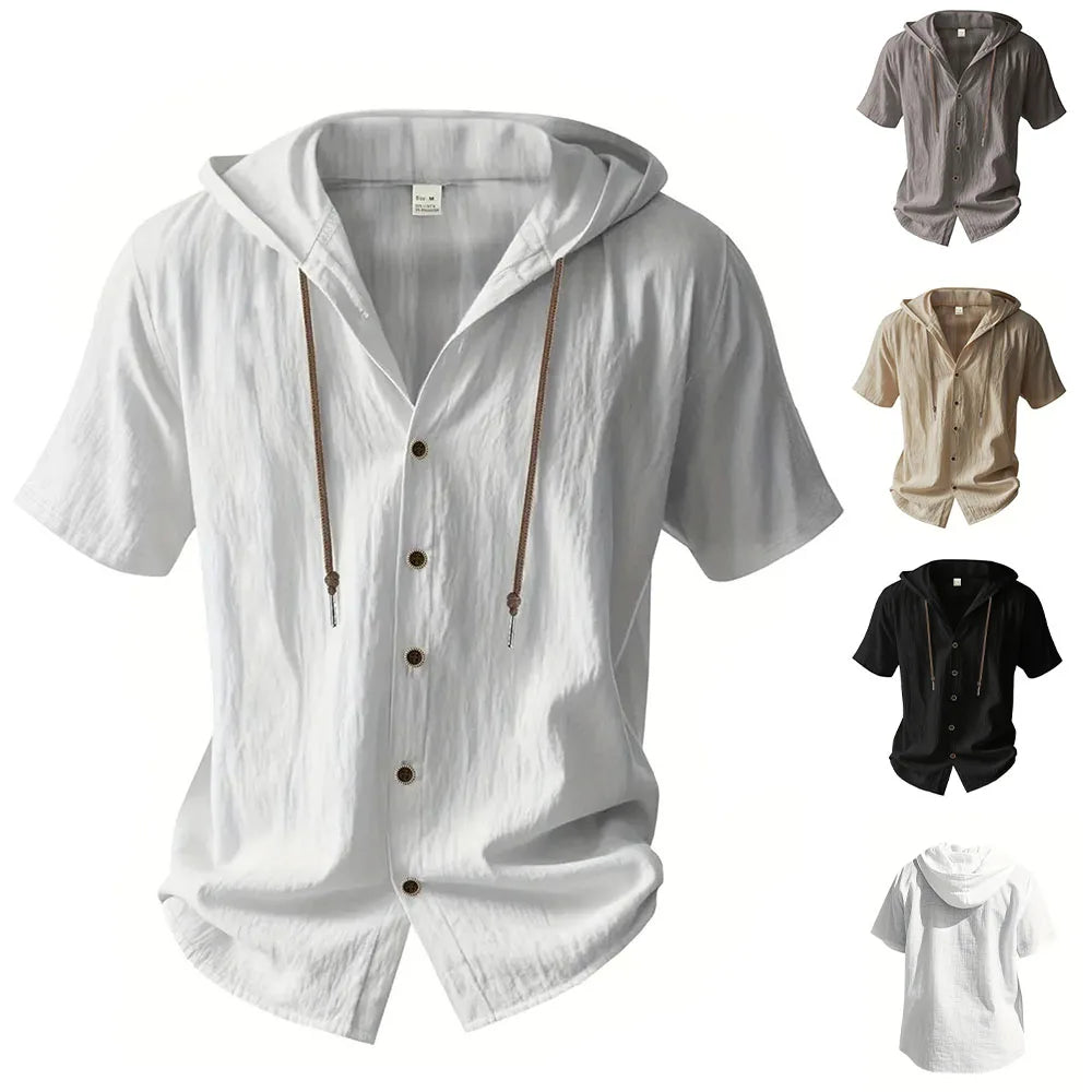 Arraze com o presentao do seu gosto,camisa de Algodão e Linho com Capuz, Manga Curta e Cor Lisa – Leve, Respirável