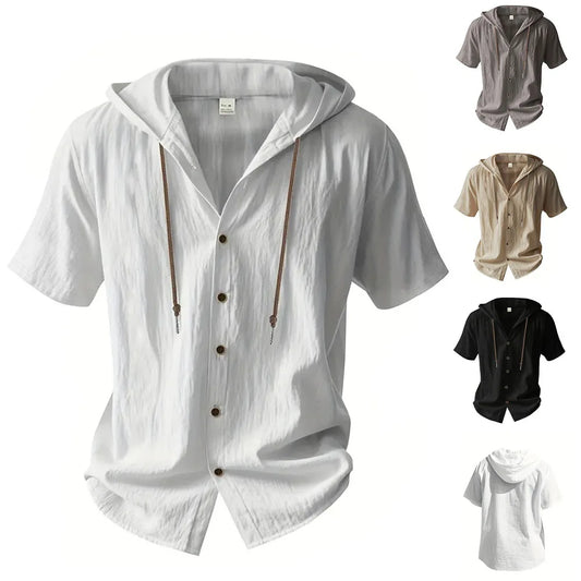 Arraze com o presentao do seu gosto,camisa de Algodão e Linho com Capuz, Manga Curta e Cor Lisa – Leve, Respirável
