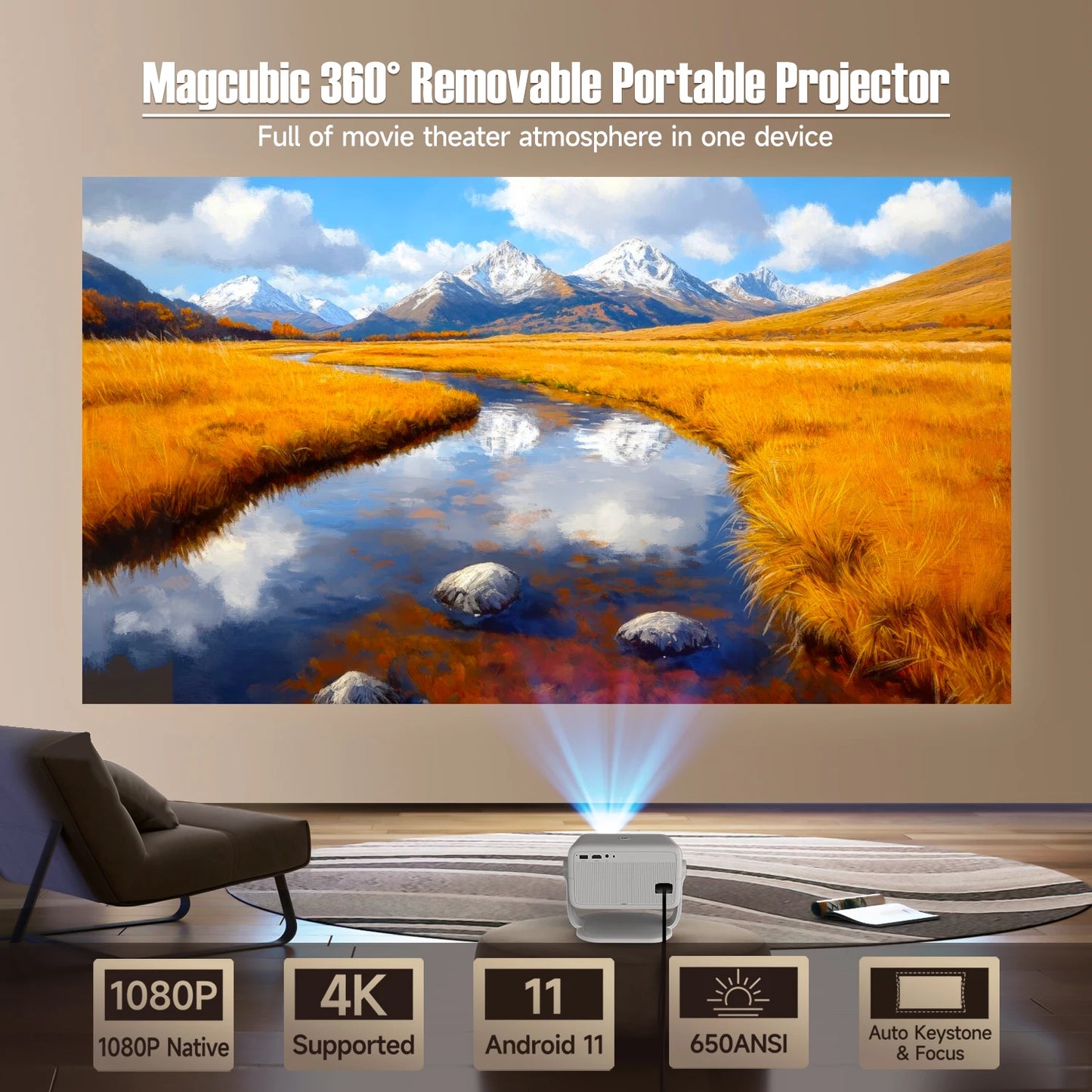 Transforme qualquer parede em cinema.  Imagem gigante. Emoção real.  O cinema começa em casa.  Projeção que impressiona.Projetor Magcubic 650ANSI L018 1080P nativo Android 11 foco automático e Keystone 4K rotação 360° Wifi 6 BT5.2 Airmouse Home Theater