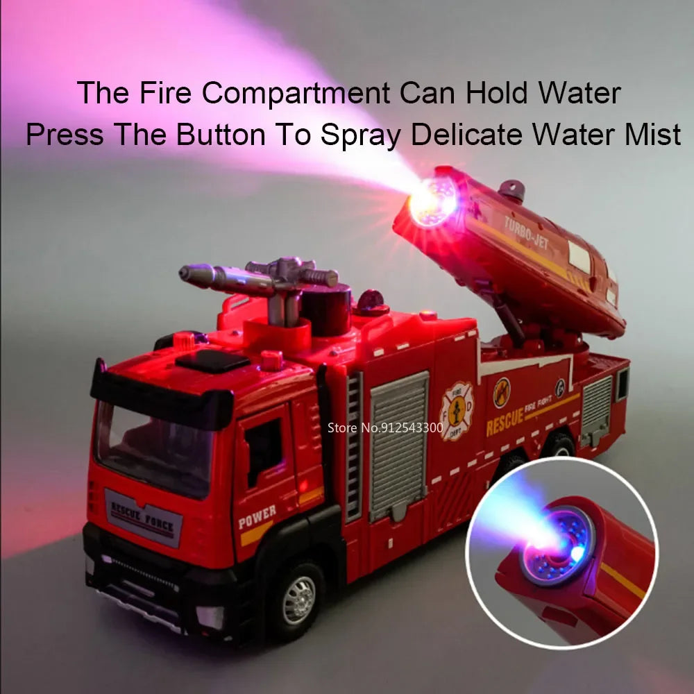Caminhão de Bombeiros Modelo Escala 1:32 com Jato de Água, Escada Metálica, Brinquedo com Som e Luz, Portas que Abrem por Fricção, Colecionável, Presente