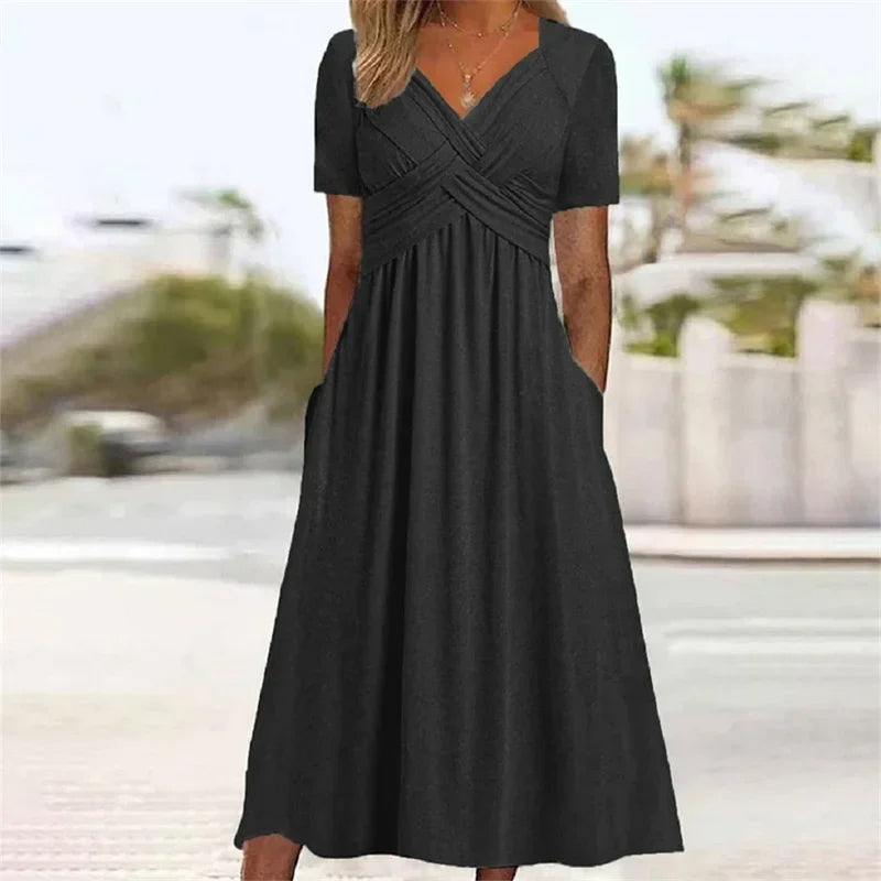 luxo e estilo Vestindo  você ,vestido elegante com decote em V, transpassado e modelagem envelope, em cor sólida, manga curta, ideal para o verão, perfeito para o dia a dia. Possui bolsos laterais duplos