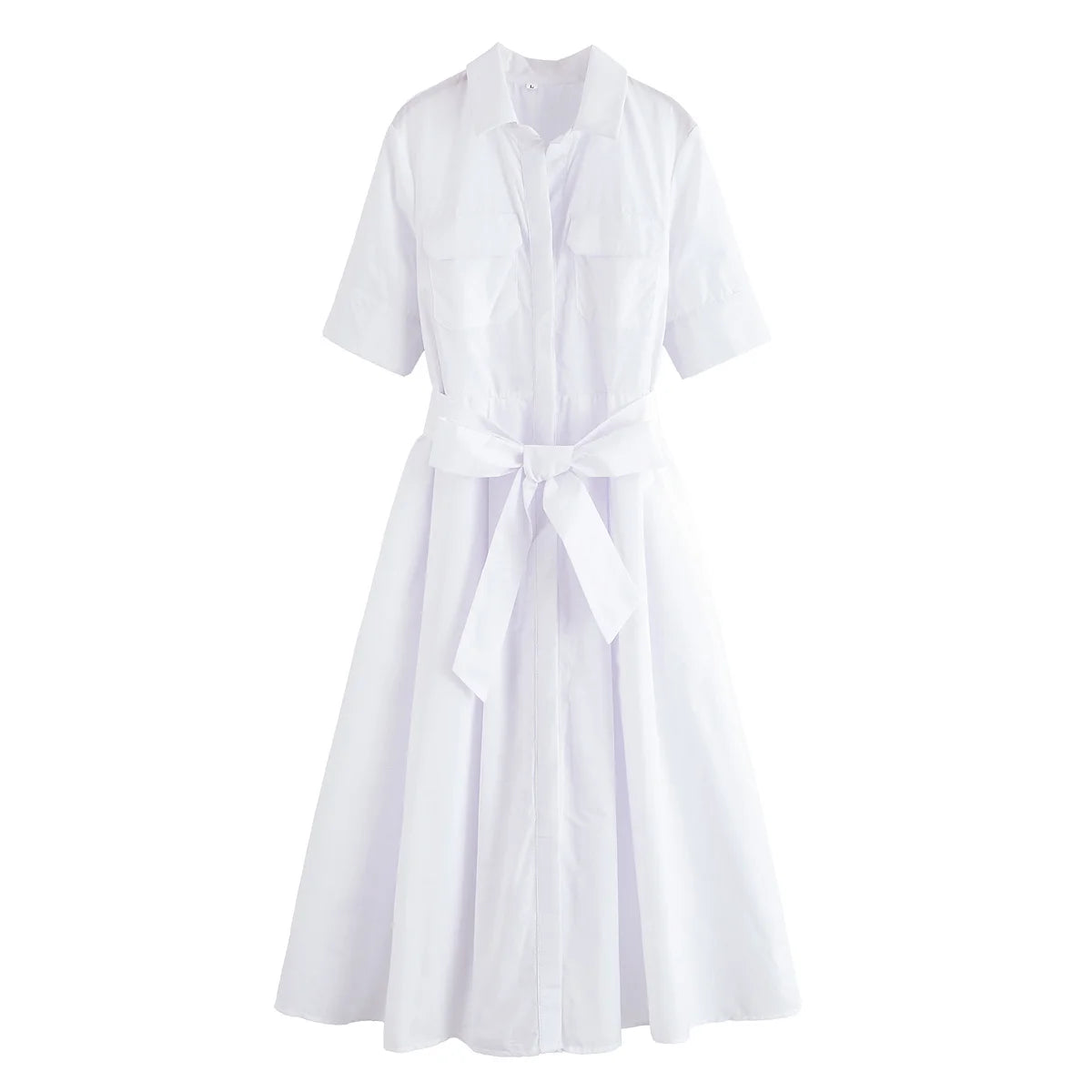 HH Women's New Fashion Temperature Slim Short Sleeve Poplin Dress Female Elegant Simple High Street Pocket Belted Long Dress