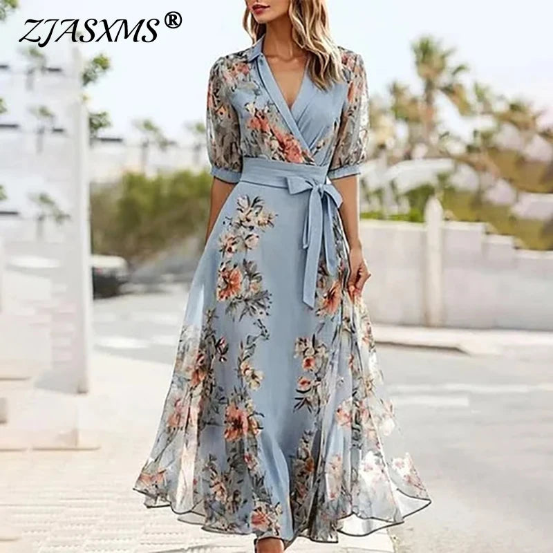 Moda fashion ,elegânçia e estilo ,Vestido longo feminino estampado floral para primavera/verão, sexy, com decote em V e laço, ideal para festas, estilo boho.