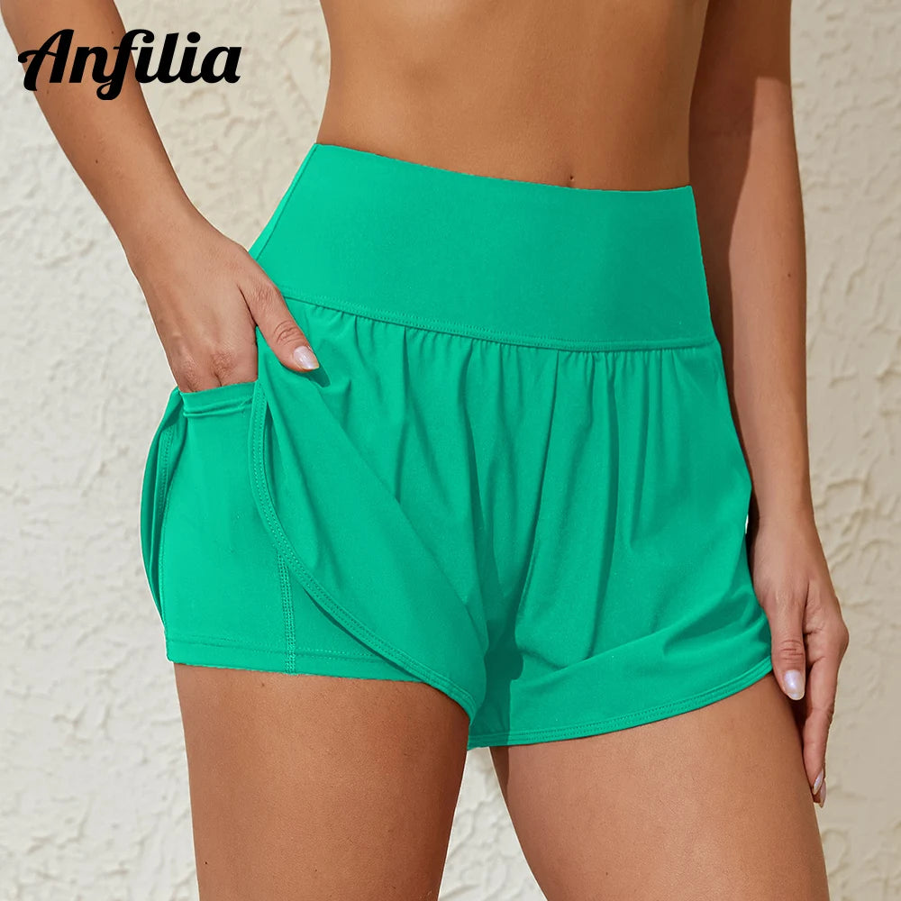Calção de banho feminino Anfilia, fenda lateral, 2 em 1, para academia, ioga e fitness, com bolsos. Modelo tankini.