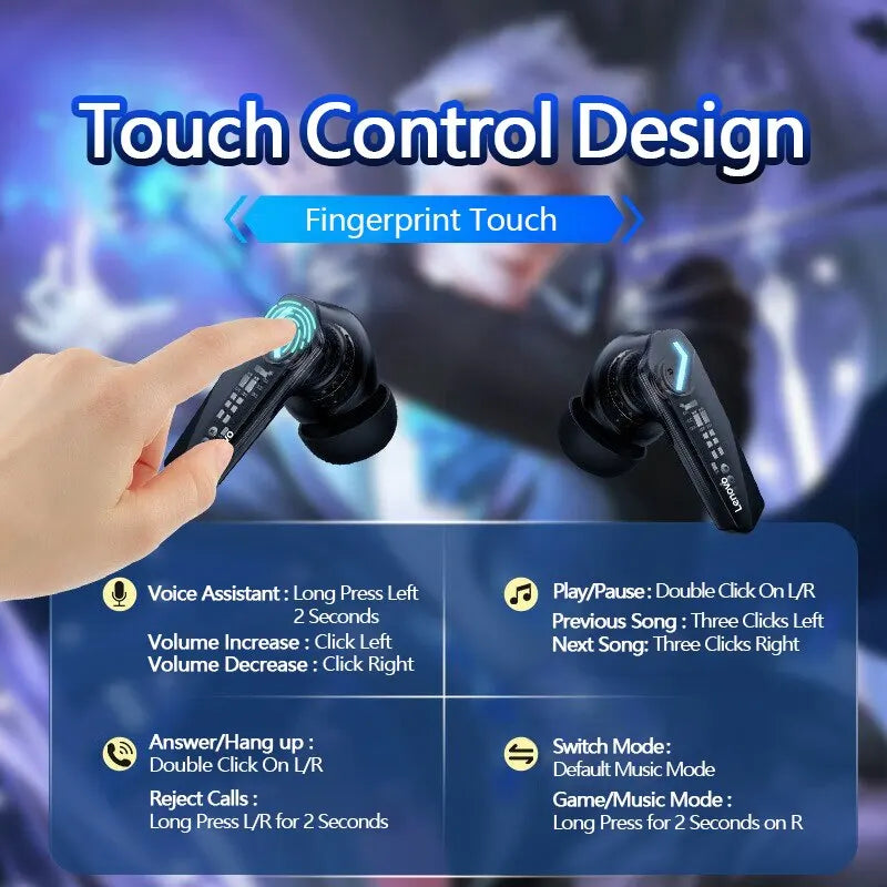 Fones de ouvido Lenovo GM2 Pro Bluetooth 5.3,  esportivos sem fio intra-auriculares para jogos, fones de ouvido de música com baixa latência e modo duplo.