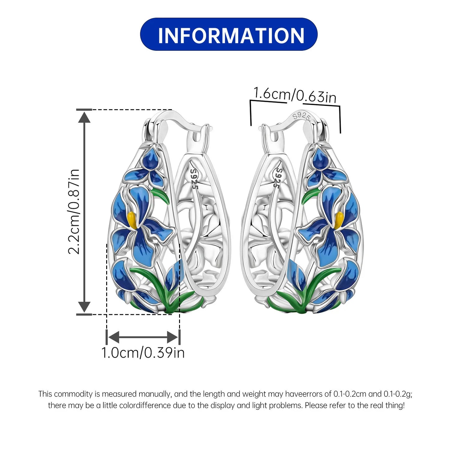 brilhe ,fique radiante ,Brincos de argola Orstarry em prata de lei S925 com flor de íris azul, joias originais