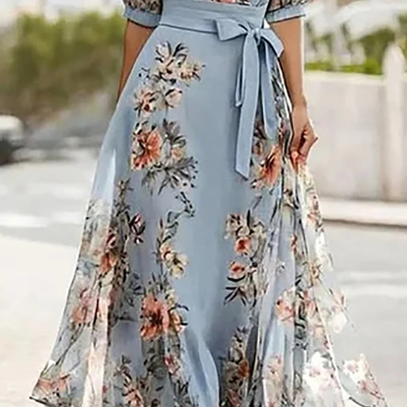 Moda fashion ,elegânçia e estilo ,Vestido longo feminino estampado floral para primavera/verão, sexy, com decote em V e laço, ideal para festas, estilo boho.