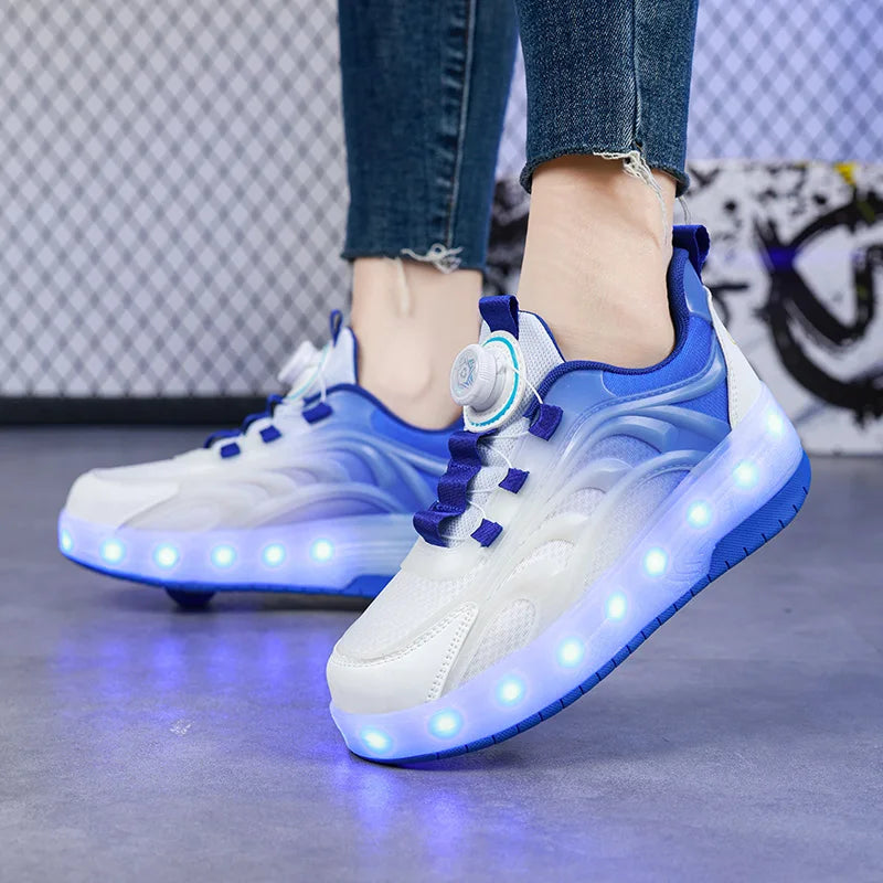 Sua criança radical ,Tênis de skate infantil com luz LED de duas rodas para meninos e meninas, tênis esportivos luminosos e com carregamento USB