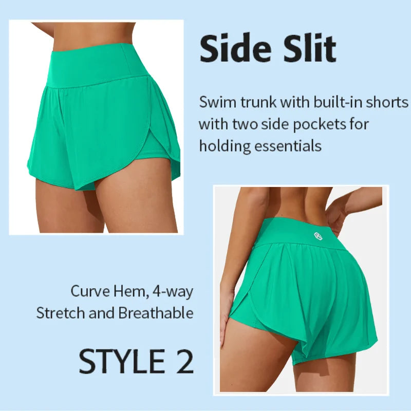 Calção de banho feminino Anfilia, fenda lateral, 2 em 1, para academia, ioga e fitness, com bolsos. Modelo tankini.