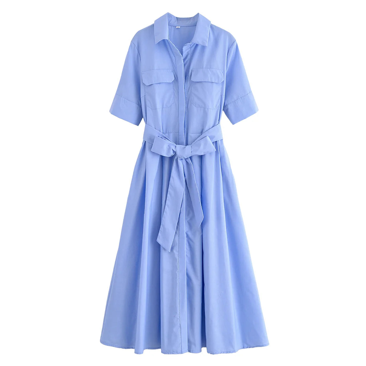 HH Women's New Fashion Temperature Slim Short Sleeve Poplin Dress Female Elegant Simple High Street Pocket Belted Long Dress