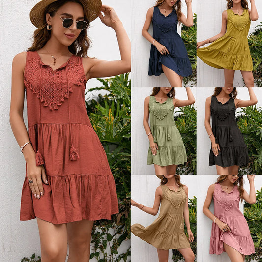 Você fashion ,Vestido de praia plissado de cor sólida para o verão, feminino, com franjas, decote em V e detalhes em renda. Vestido casual sem mangas, solto e elegante.
