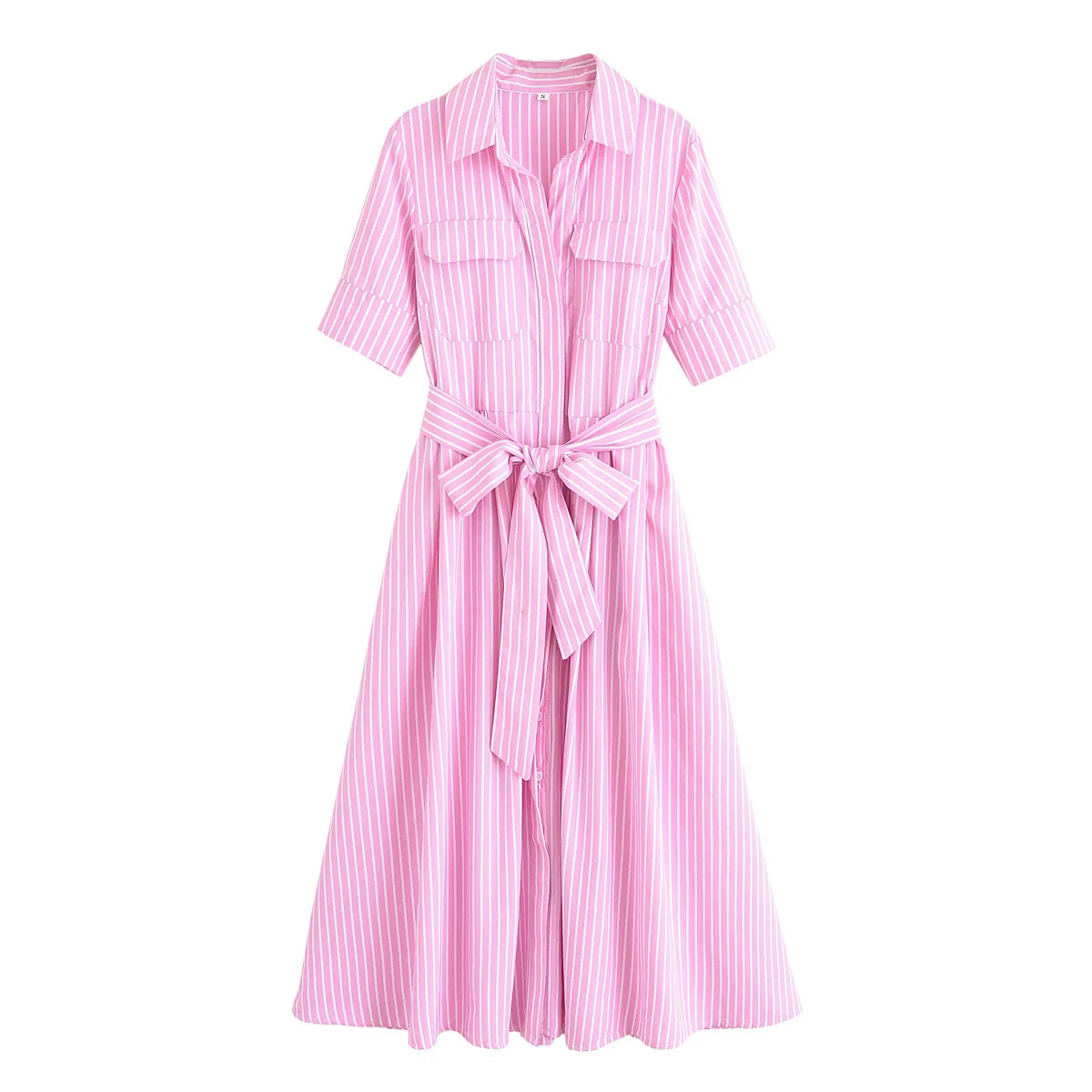 HH Women's New Fashion Temperature Slim Short Sleeve Poplin Dress Female Elegant Simple High Street Pocket Belted Long Dress