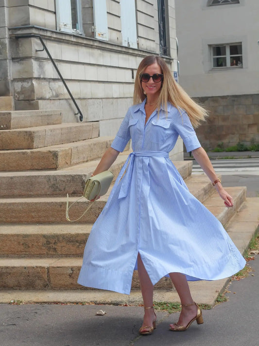 HH Women's New Fashion Temperature Slim Short Sleeve Poplin Dress Female Elegant Simple High Street Pocket Belted Long Dress