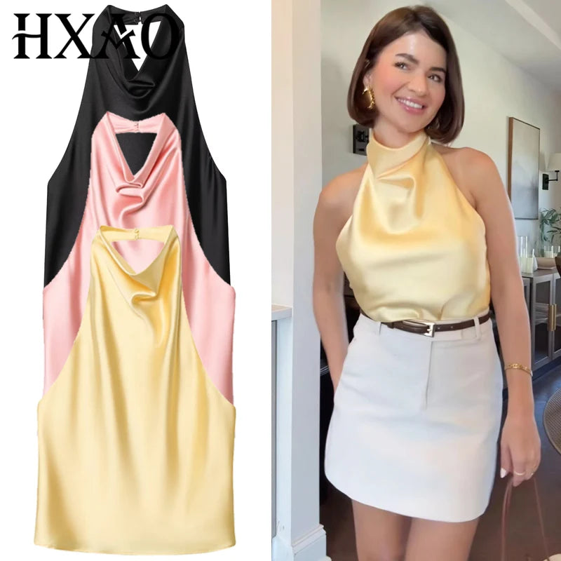 Elegância que flui com você. , HXAO  Top feminino de cetim com decote halter,regata cropped ombro a ombro, top da moda sem mangas e sem costas.