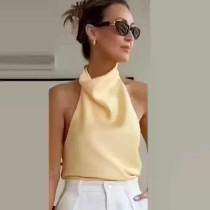 Elegância que flui com você. , HXAO  Top feminino de cetim com decote halter,regata cropped ombro a ombro, top da moda sem mangas e sem costas.