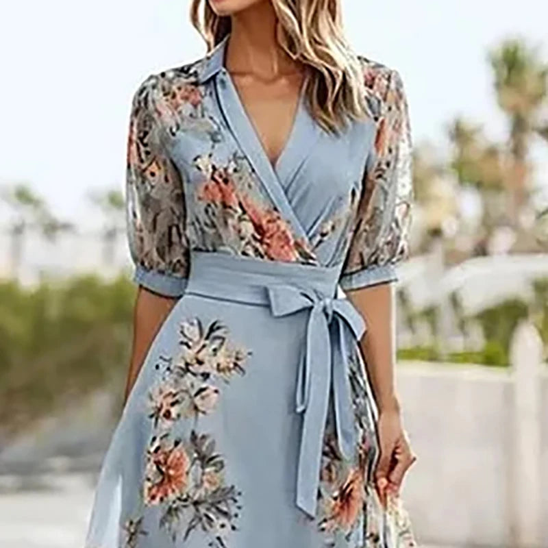 Moda fashion ,elegânçia e estilo ,Vestido longo feminino estampado floral para primavera/verão, sexy, com decote em V e laço, ideal para festas, estilo boho.