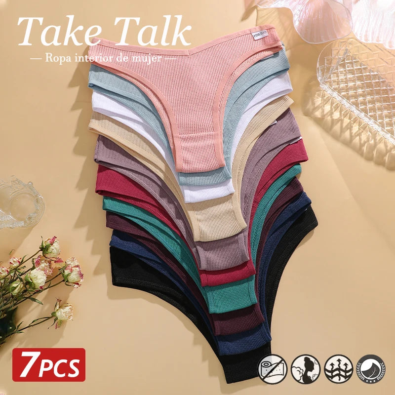 7 pçs/set calcinha de algodão waffle feminino sexy cintura v calcinha respirável macio roupa interior sólida lingerie
