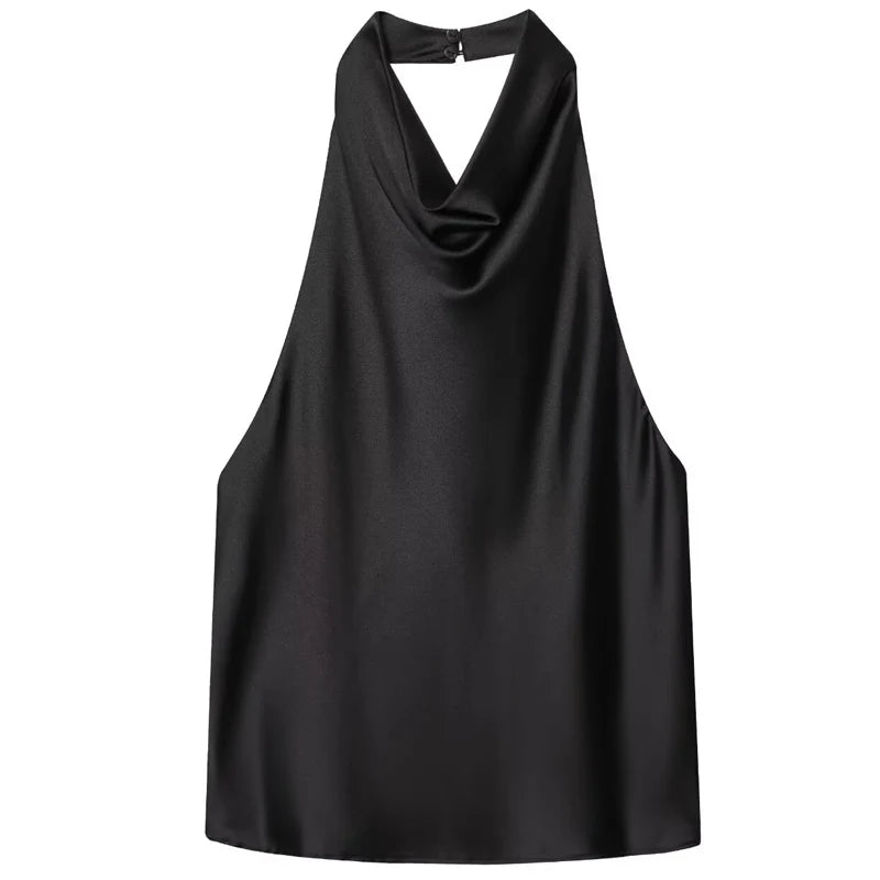 Elegância que flui com você. , HXAO  Top feminino de cetim com decote halter,regata cropped ombro a ombro, top da moda sem mangas e sem costas.