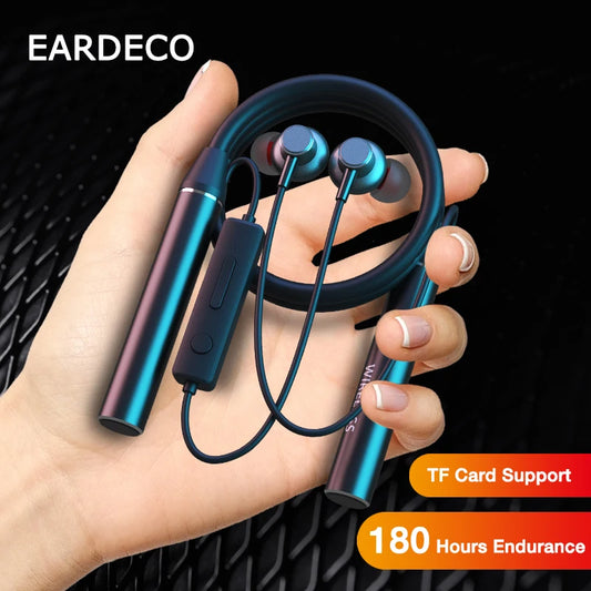 EARDECO Fone de ouvido Bluetooth sem fio com microfone, estéreo, faixa de pescoço, fone de ouvido esportivo, cartão TF, 180 horas de duração